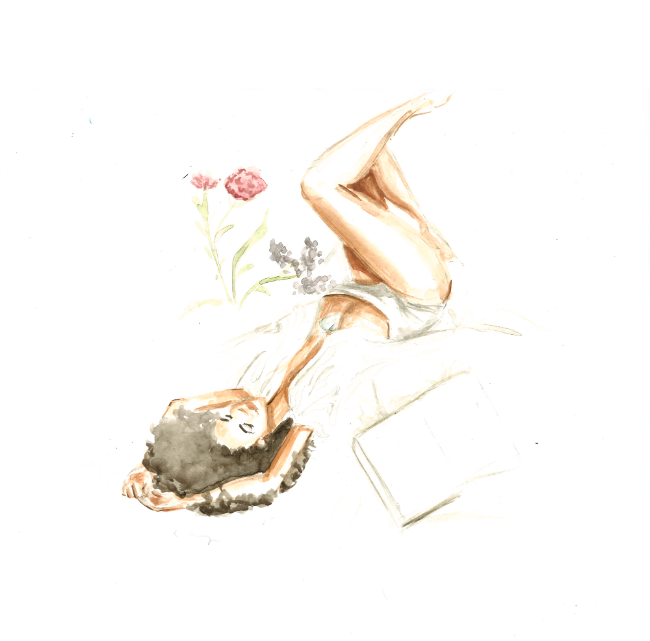 Watercolor of woman lying on bed