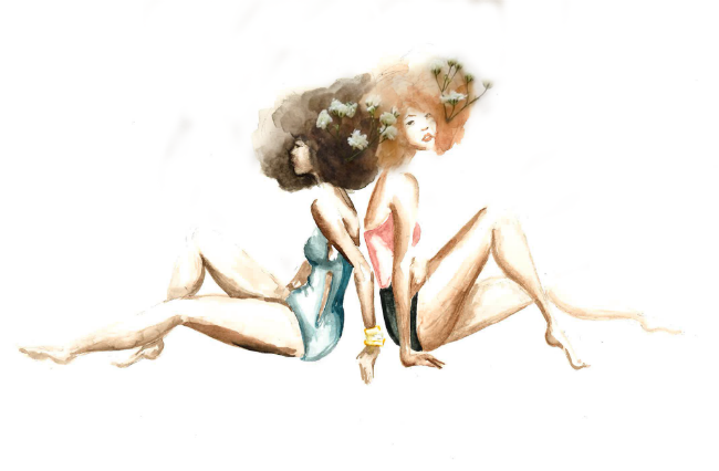 Watercolor of two women back-to-back