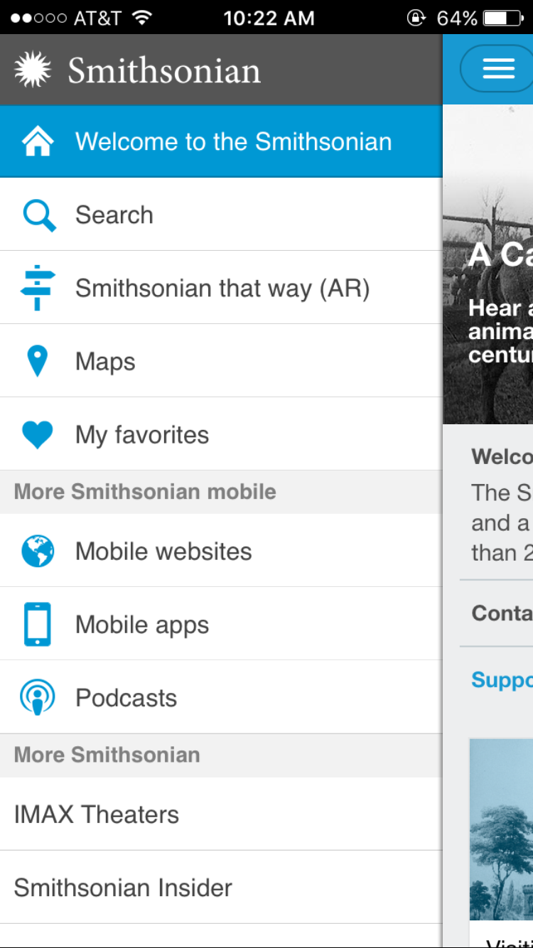 Navigation menu screen on the mobile app.