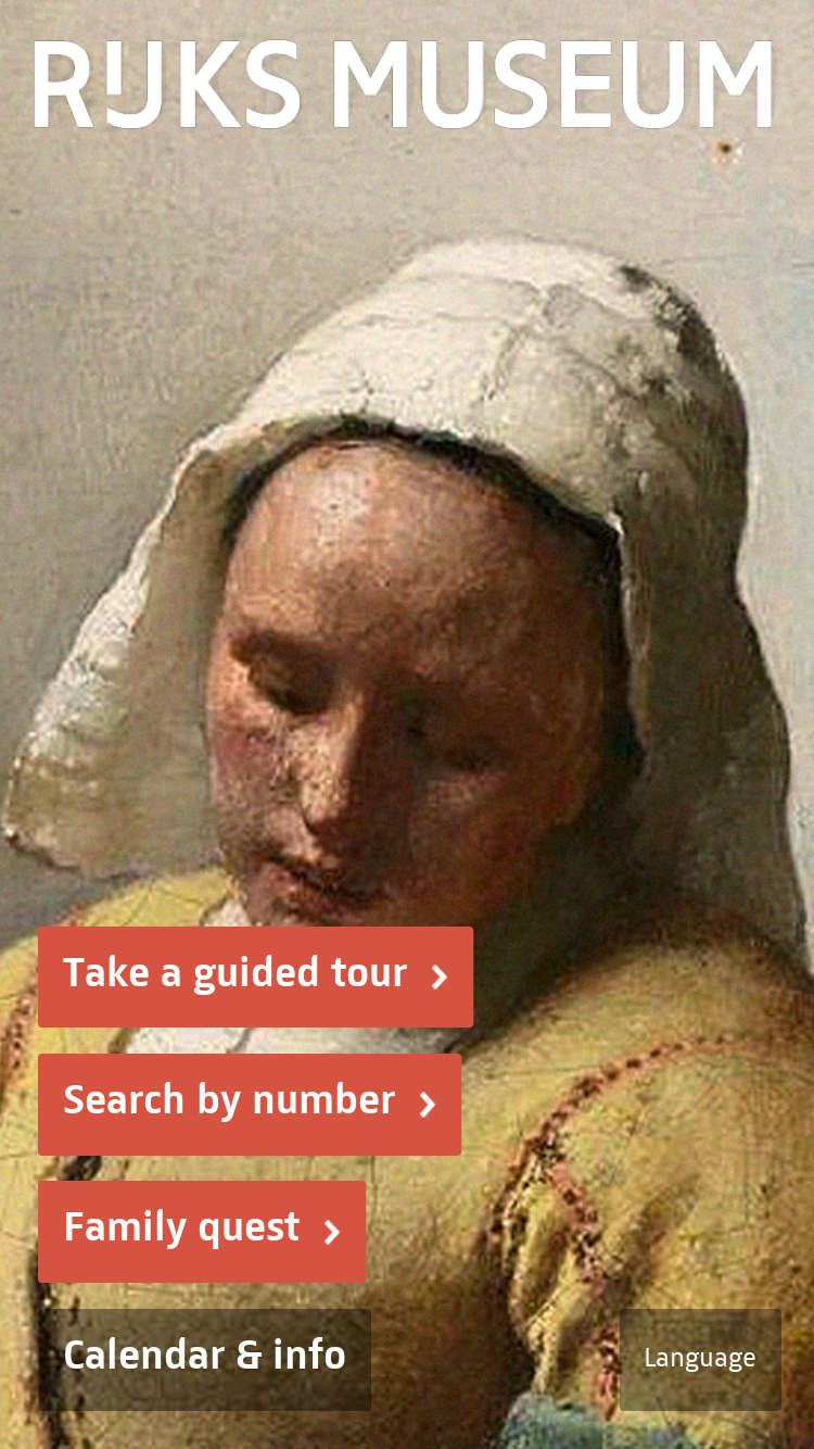 Home screen of the mobile app, which is a painting of a English woman.