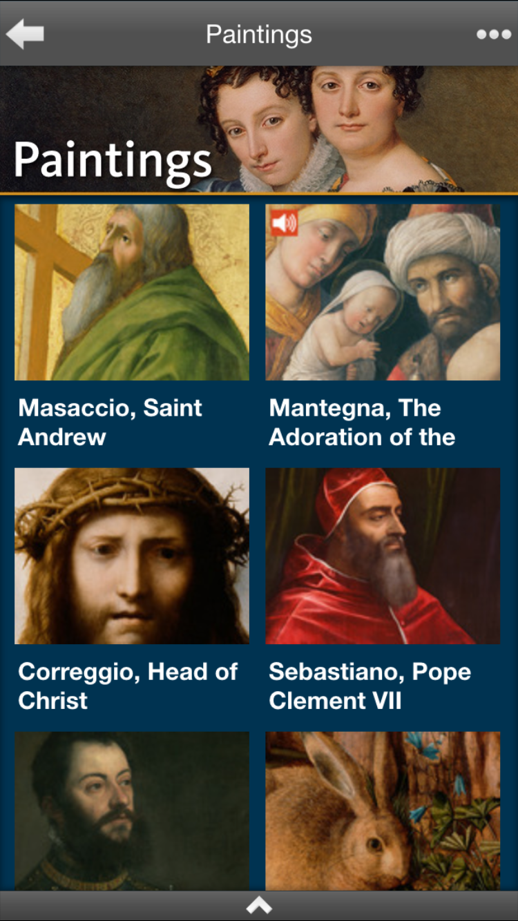 The homescreen of the paintings feature on the app.