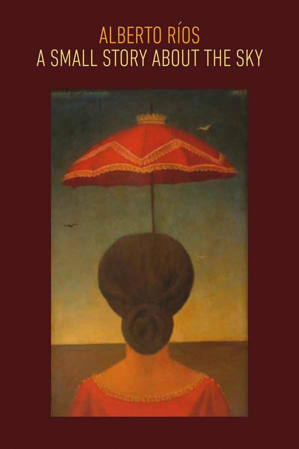 Book cover: Red border, the words Alberto Rios, A Small Story About the Sky at the top above a large drawing of a woman from behind, hair in a bun, holding a parasol 