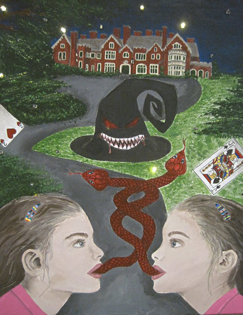 A drawing of two identical girls looking at each other with snakes twisting out of their mouths.