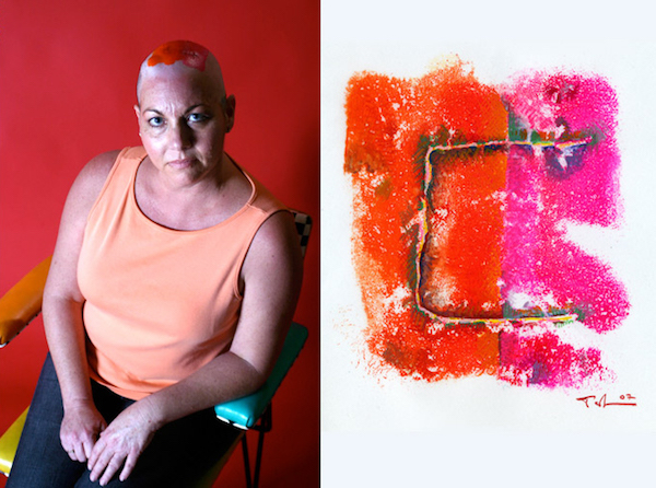 diptych of woman with shaved head and orange paint on her head and art print image of her scar