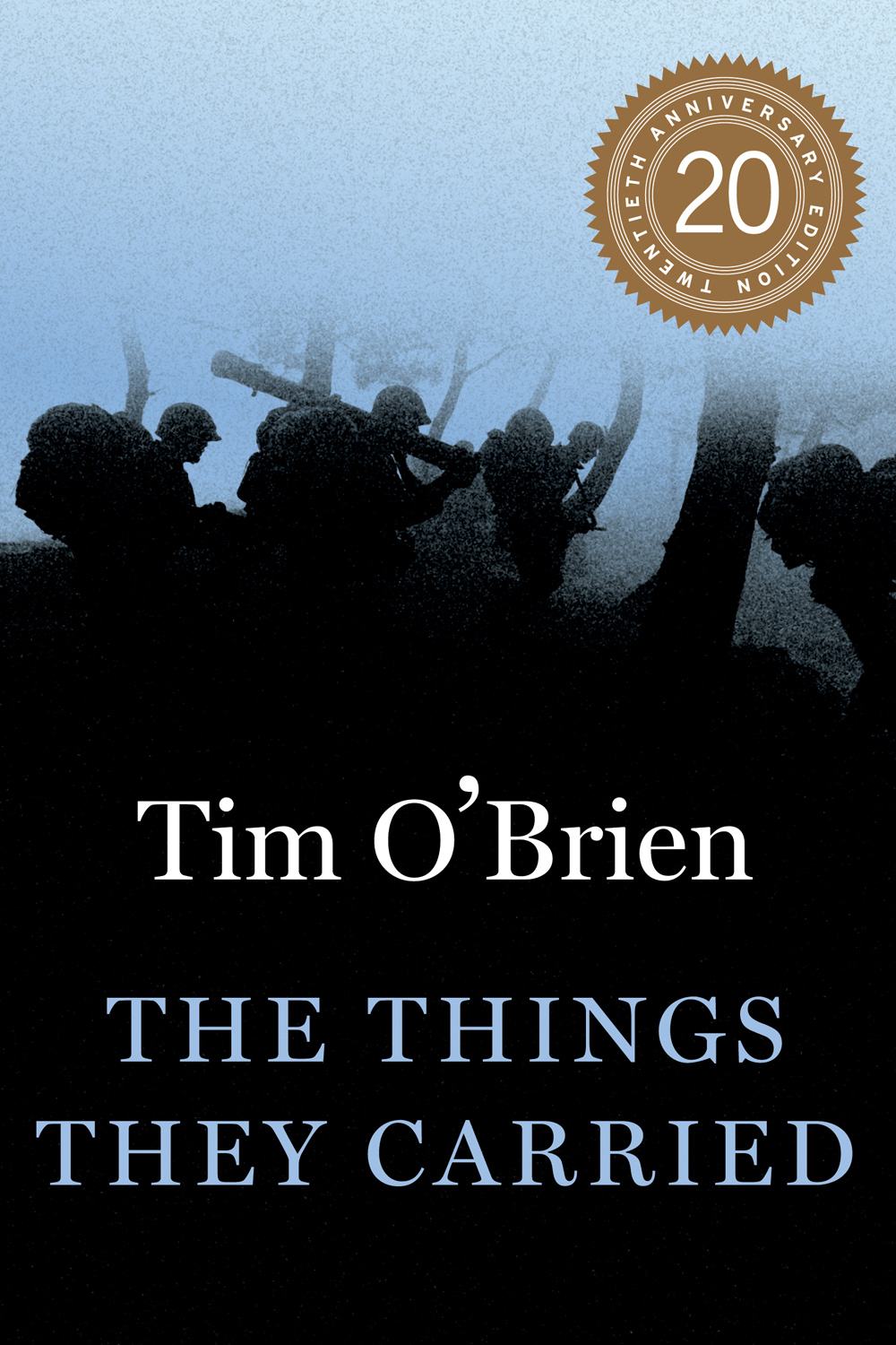 The Things They Carried book cover with author name and book title  with a blurred image of soldiers carrying their weapons through a forest