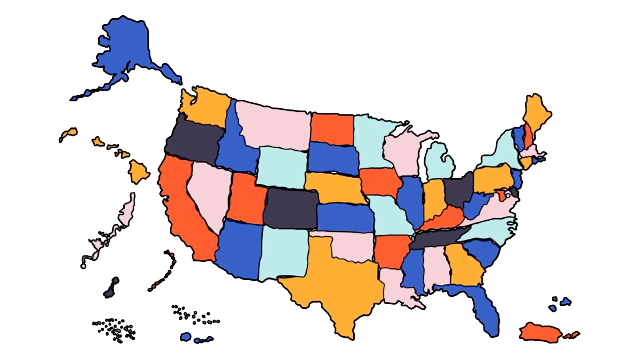 A colorful map of the United States of America.
