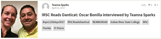 Social media announcement: IRSC Reads Danticat: Oscar Bonilla interviewed by Teanna Sparks wth a smal photos of their two headshots