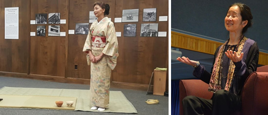 (left) woman in traditional Japanese apparel stands on tea mat. (Right) Author Julie Otsuka speaking
