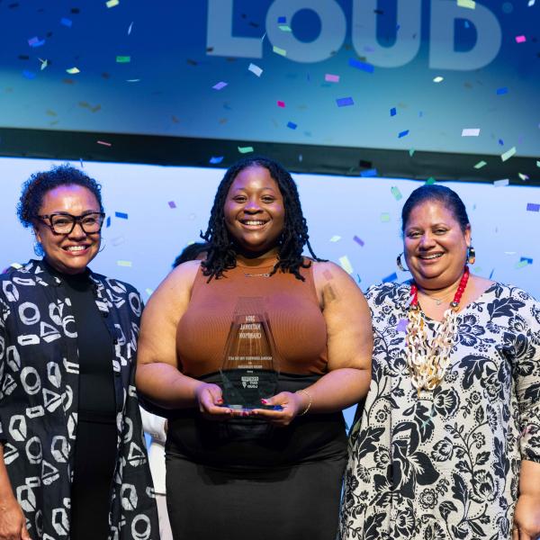 NEA Chair Maria Rosario Jackson, Poetry Out Loud National Champion Niveah Glover, and Poetry Foundation President Michelle T. Boone