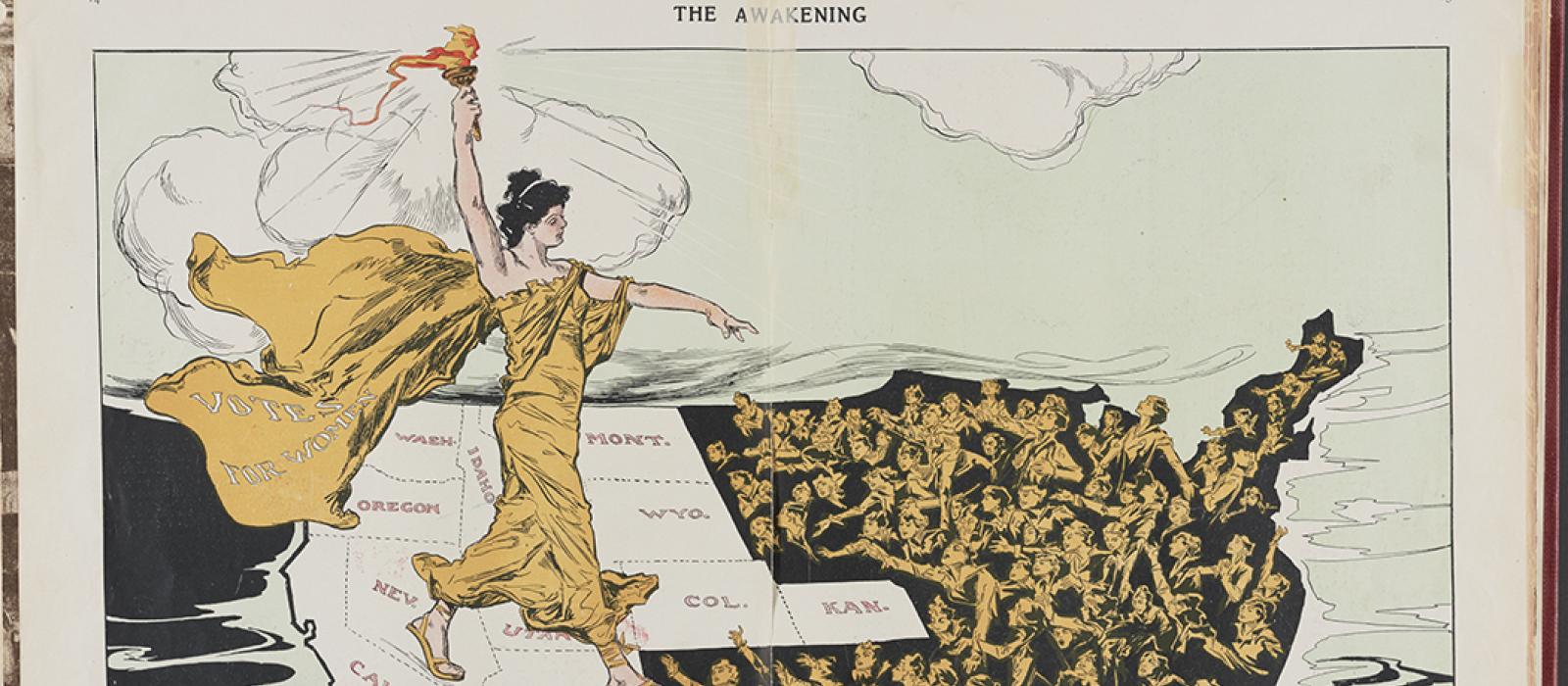 Illustration of a woman in classical garb walking across US map to bring women's suffrage to East Coast.