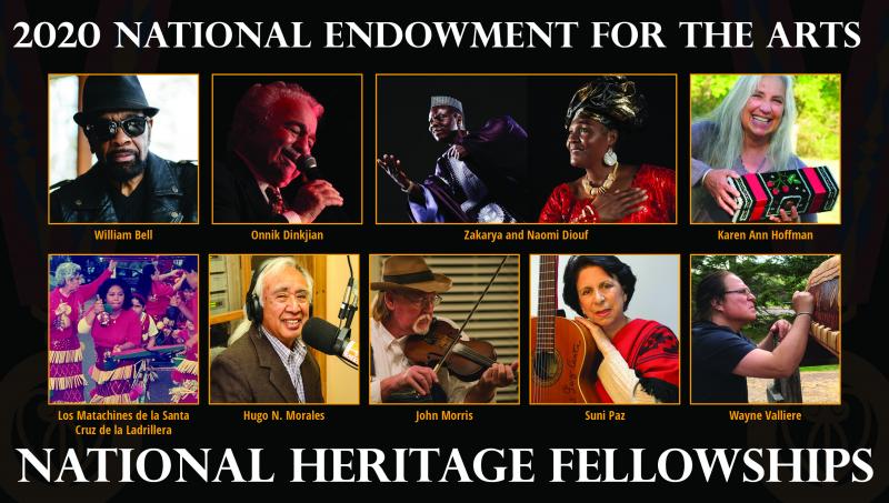 A collage of photos of different individuals with art work or performing with the text 2020 National Endowment for the Arts National Heritage Fellowships