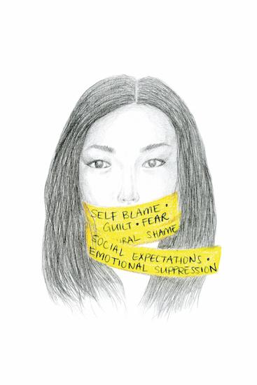 a drawing of an Asian woman with words written on her face on yellow caution tape including self blame guilt fear shame social expectation emotional suppression
