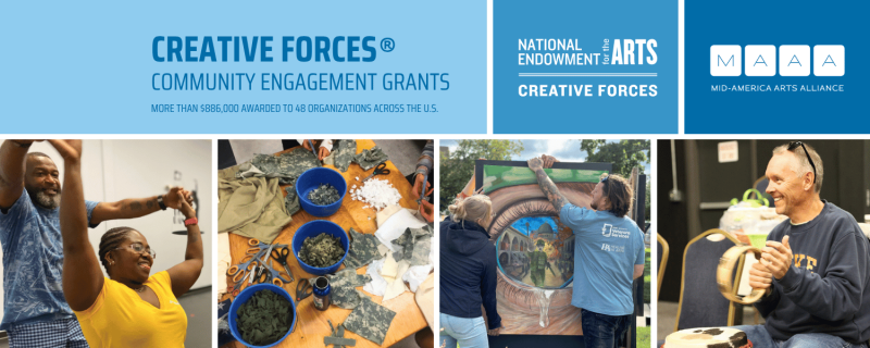 Creative Forces collage of grant recipients dancing, playing music, hanging a painting, and preparing to make paper from old uniforms.
