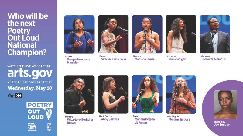 Photos of the nine finalists with text reading Who will be the 2022 Poetry Out Loud National Champion?