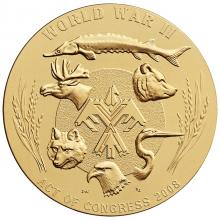 a bronze medal with a stylized figure of an eagle in the center encircled by realistic depictions of a sturgeon, a bear's head, a crane's head, an eagle's head, a wolf head, and a moose's head. On the left and right side, sheaves of grain. 