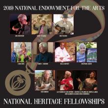 collage of photos of 2019 NEA Heritage Fellows over graphic of Heritage Medal