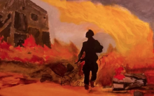 Painting of a firey war scene with a single tropp moving forward
