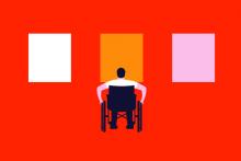 graphic image of person in wheelchair facing wall with three pieces of framed art