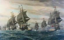 painting of two fleets of 18th century battleships with sails engaged in battle on the open sea