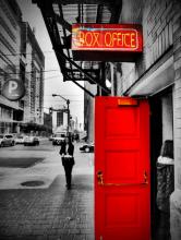 Red door of theater box office