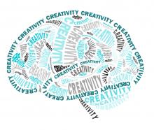 A graphic of a brain, made up of the word "creativity" in different sizes.