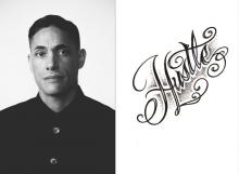 diptych of photo of David Tomas Martinez and cover of his book Hustle