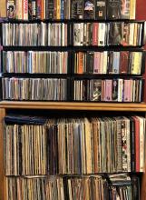 shelves stuffed with compact discs, records, and music-related VHS tapes