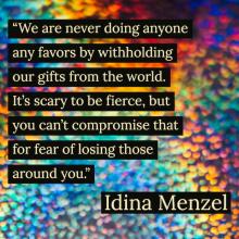 quote by Idina Menzel against background of blurry multicolored dots