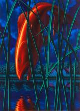 painting of a red fish positioned vertically over a body of water so you also see its reflection