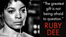 black and white publicity photo of Ruby Dee with quote