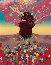 An illustration of a giant brown fist out of which a pink-flowered tree is growing. At the base of the fist tree, you can see a crowd of people rushing toward it 