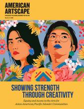 Cover of American Artscape magazine. Yellow background with detail of two Asian-American faces surrounded with colorful flowers. Text says Showing Strength Through Creativity