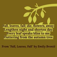 Fall, leaves, fall; die, flowers, away;  Lengthen night and shorten day;  Every leaf speaks bliss to me,  Fluttering from the autumn tree. From "Fall, Leaves, Fall" by Emily Bronte