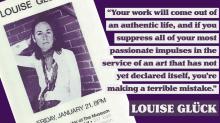 Poster featuring Louise Gluck with text of quote