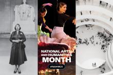 Three images - a black and white photo of a woman singing in front of the Lincoln Memorial, next to a photo of dancers, next to a photo looking down at a museum gallery. Text reads: National Arts and Humanities Month #NAHM2021