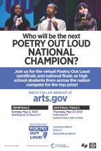 Invitation with three photos of students reciting and text: Who will be the next Poetry Out Loud National Champion?