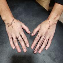 Hands with traditional Native Alaskan tattoos. 