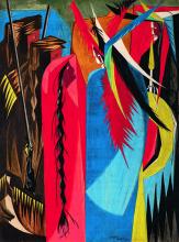 Detail from brightly colored painting wth highly stylized representations of pioneers encountering native americans
