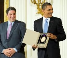 Dean David Stull accepting the 2009 National Medal of Arts from President Obama on behalf of the Oberlin Conservatory of Music. Photo by Richard Frasier