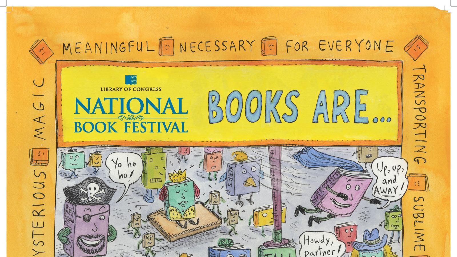 2017 National Book Festival Poster of Cartoon Books in a Crowd