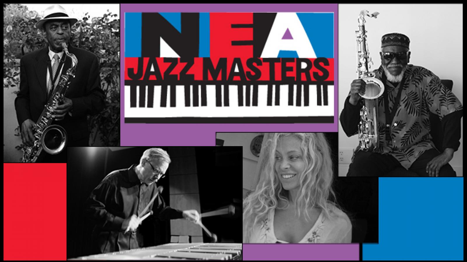 Headshots of four NEA Jazz Masters with NEA Jazz Masters logo