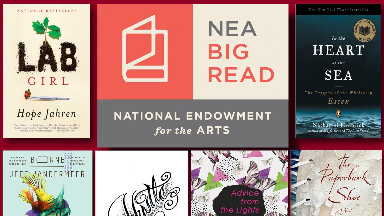 Image of six book covers with the NEA Big Read logo in the center.
