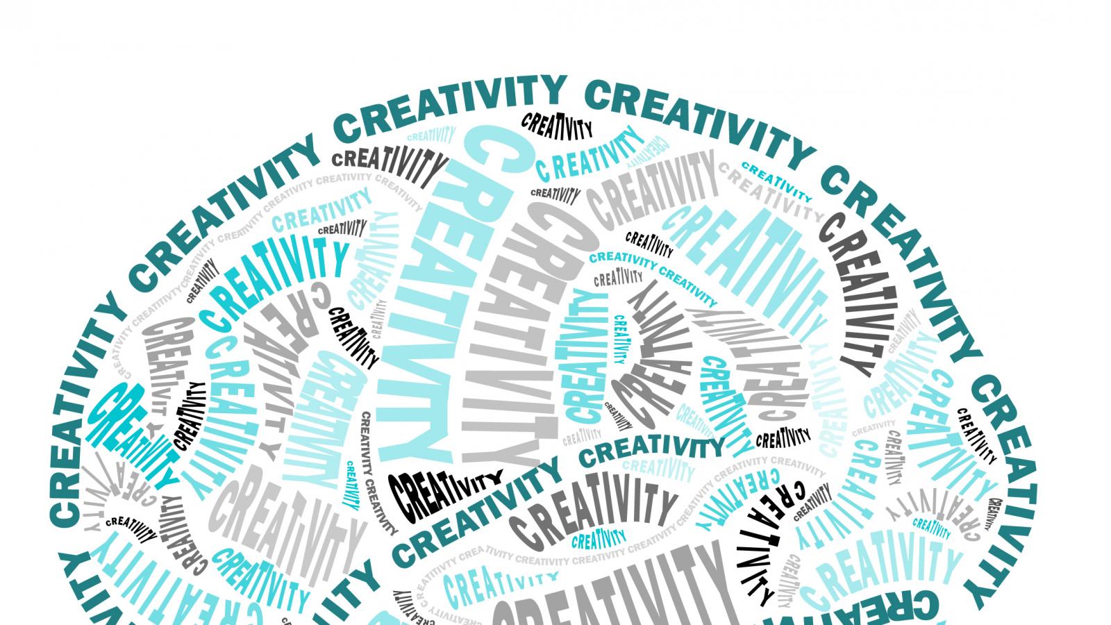 A graphic of a brain, made up of the word "creativity" in different sizes.