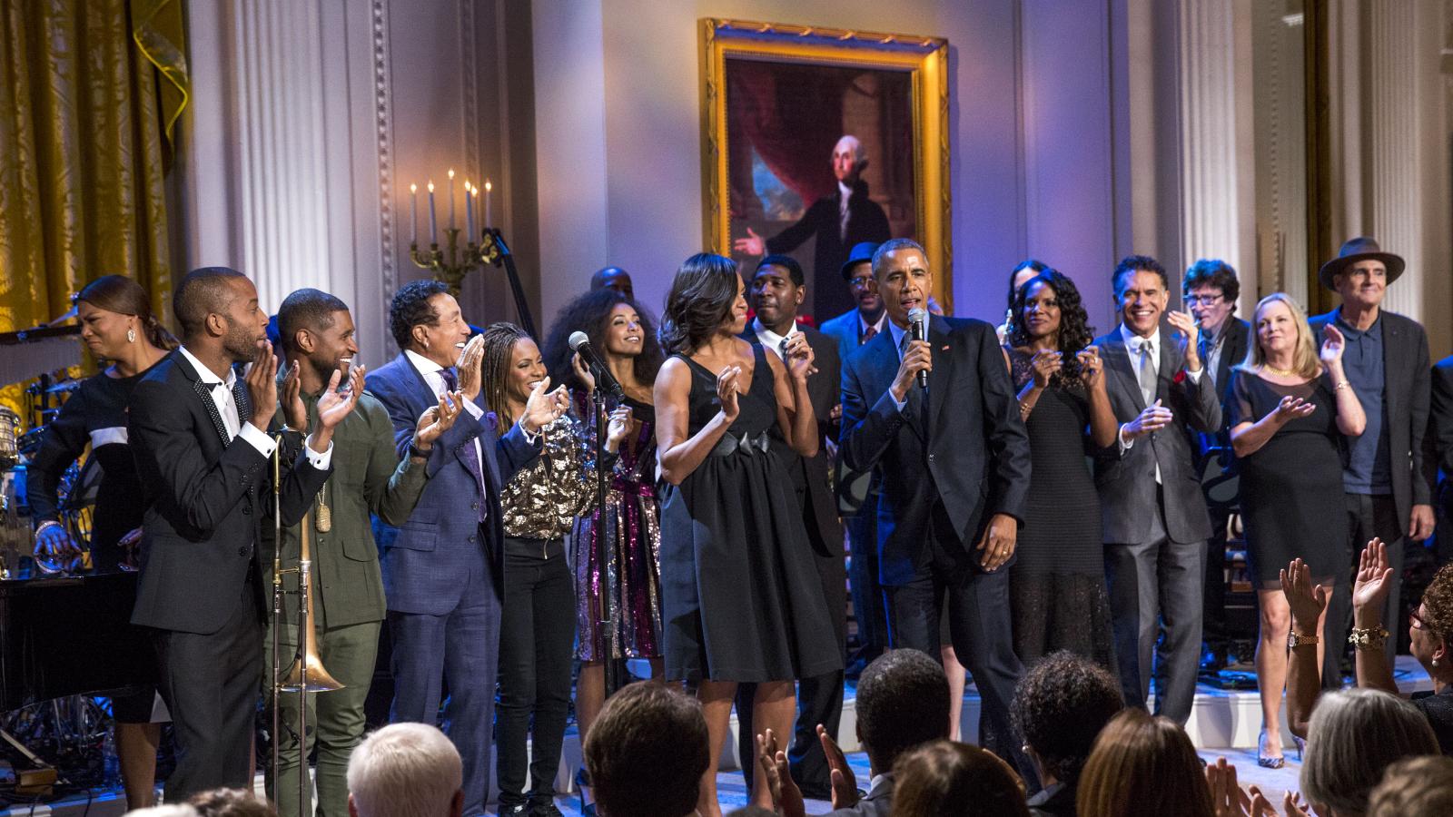 President Obama on stage at the White House with musical performers.