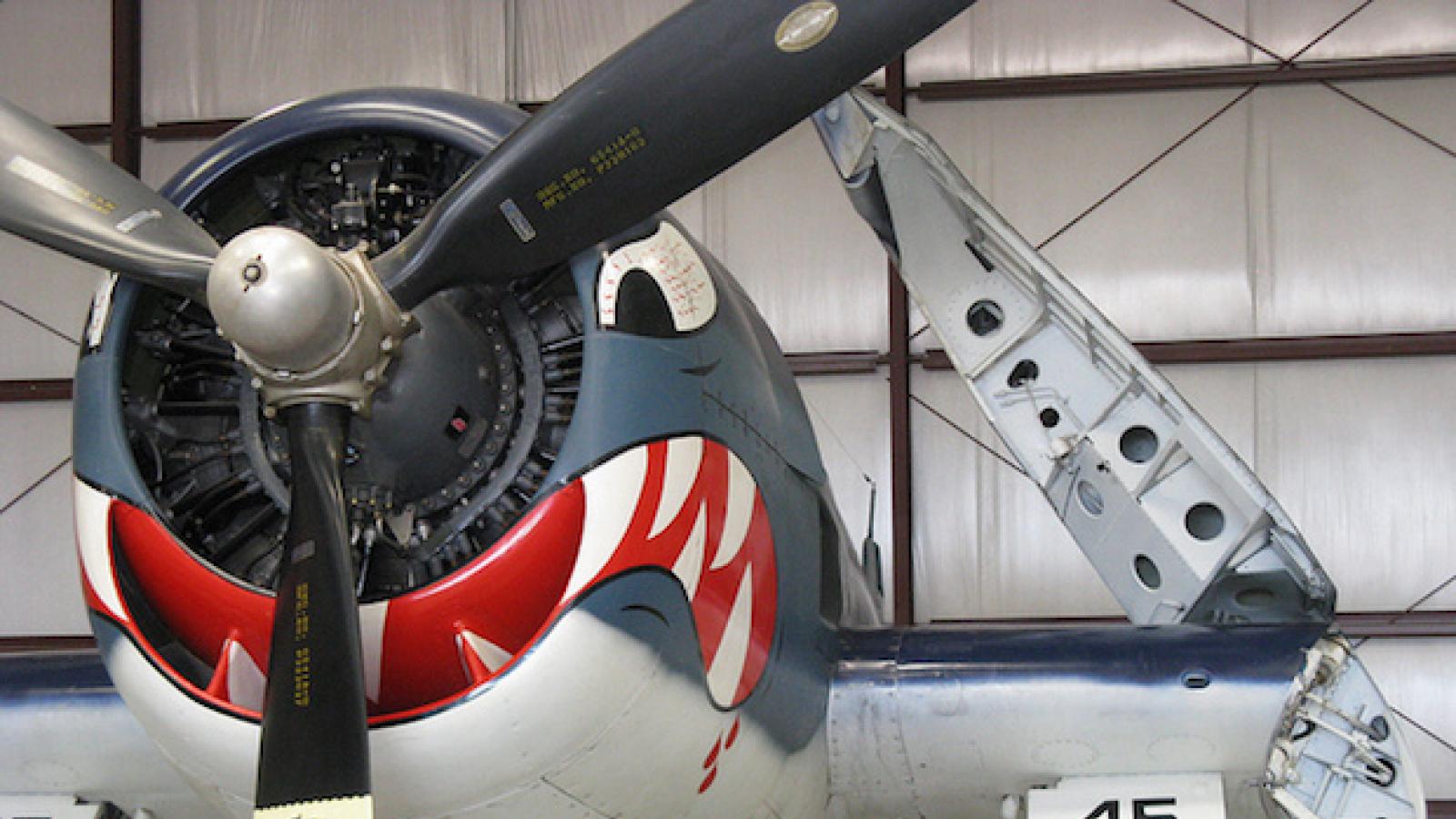 a vintage propellor plane with a shark's mouth and face painted on its cockpit