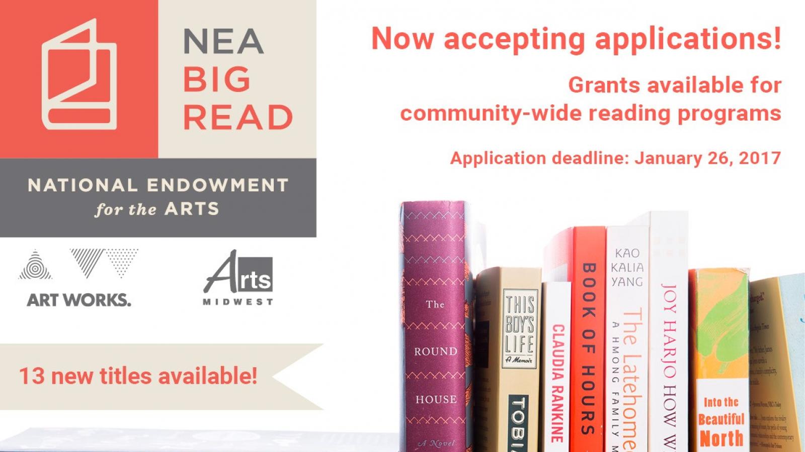 Pictures of book jackets for NEA Big Read books with text about application deadline.