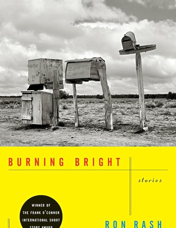 Upper half is a black and white photo of worn wooden and metal mailboxes in a parched landscape. The bottom half is a solid yellow background with the book title and author name