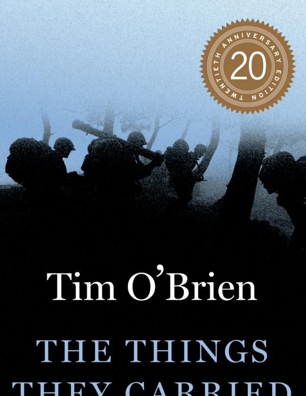 The Things They Carried book cover with author name and book title  with a blurred image of soldiers carrying their weapons through a forest