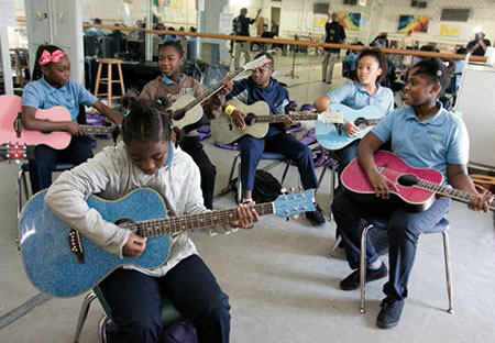 The NAMM Foundation spent a day at the Batiste Cultural Arts Academy providing music lessons and introducing students to different instruments. Photo by David Aleman, F-Stop Photography