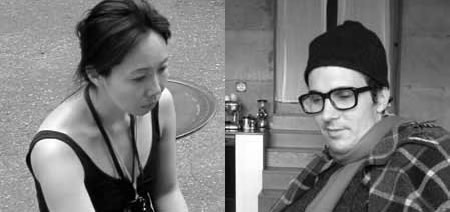 Black and white photo diptich, Annie Hahn on the left and Daniel Mihalyo on the right
